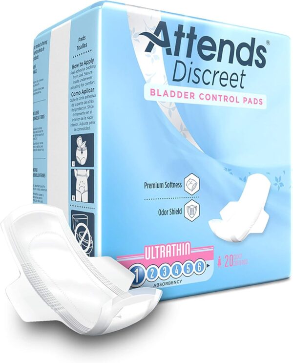 Attends Discreet Ultrathin Bladder Control Pads with Wings – 9" Length, Light Absorbency, 20 Count